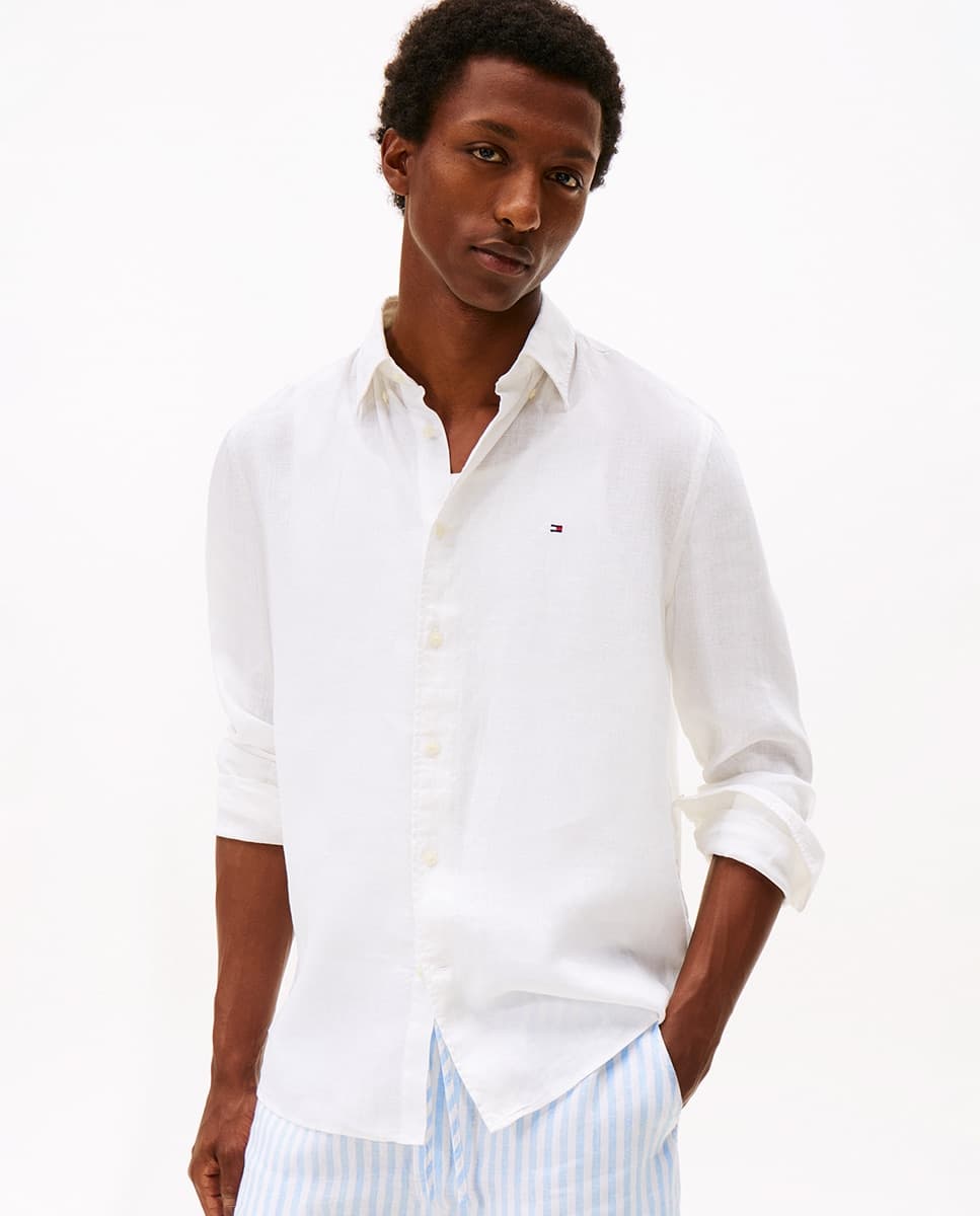Tommy Hilfiger Camisa de caballero de manga larga lisa de lino